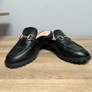 Sincerly Jules Black Mules with Chunky Sole and Gold Hardware